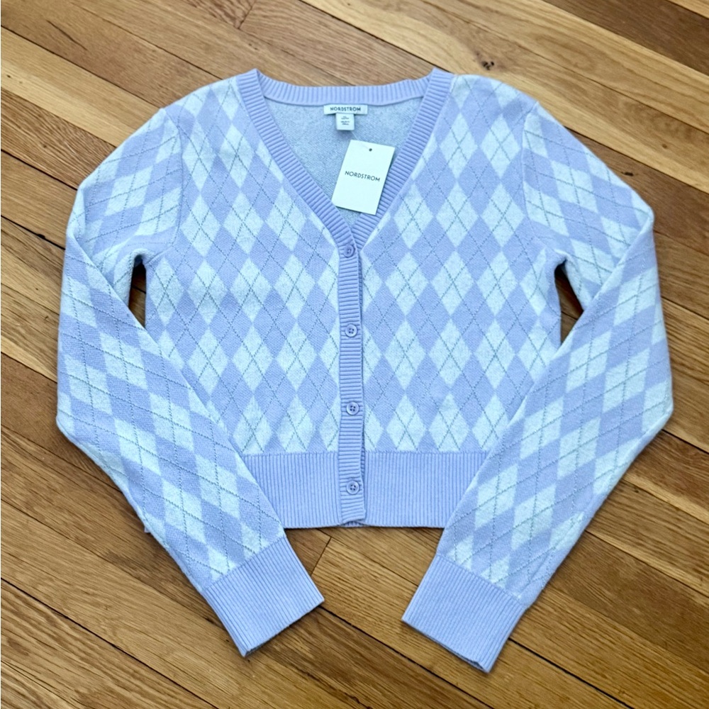 Nordstrom Girls’ XL(14-16) Sparkly Purple Calluna Argyle Cotton Blend Knit Cardi